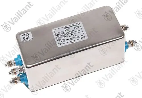 Vaillant EMC-Filter in rechteckigem Metallgehäuse mit mehreren Anschlüssen für die Elektronik. Gezeigt von der Seite mit einem beschrifteten Etikett.